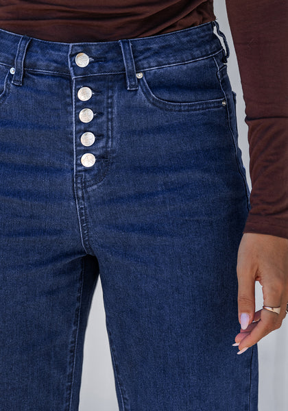 Darkness Blue Trendy Wide Leg Jeans for women  Chic High Waisted Stretchy Button Front Denim Pants