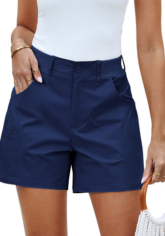 Navy Blue Women's Chino High Waisted Elastic Waist Shorts Summer Straight Leg