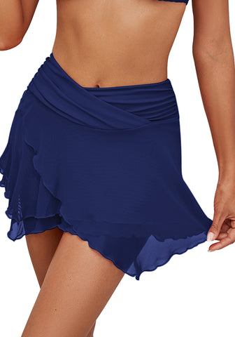 Navy Blue Women's Brief Criss Cross High Waisted Swim Skirt Layered Mesh Swimsuit Cover-Up