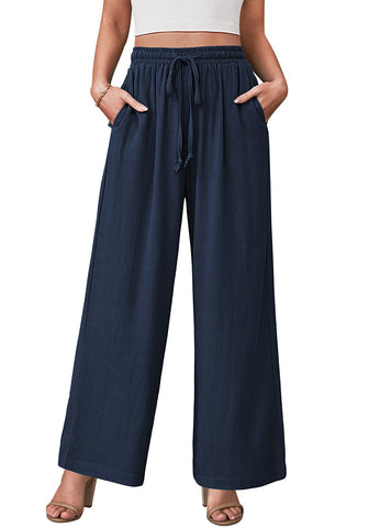 Navy Blue Relaxed Fit High Waisted Elastic Waist Wide Leg Drawstring Pocket Pant