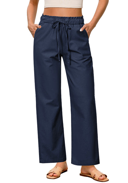 Dark Blue Women's Comfortable Cool-Touch Drawstring Full-Length Lightweight Wide Leg Trousers