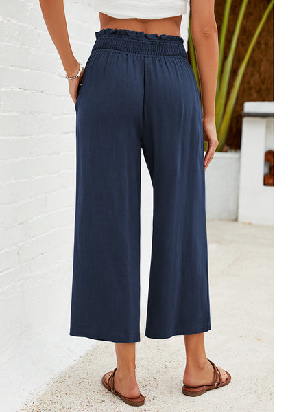 Navy Blue Women's High Waisted Wide Leg Elastic Waist Linen Palazzo Pants Pull On Smock Waist Baggy Fit Trousers