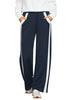 Navy Blue Women's Casual Elastic Waist Pants High Waisted Full Length Relaxed Fit Stretch Wide Leg Sports Wear