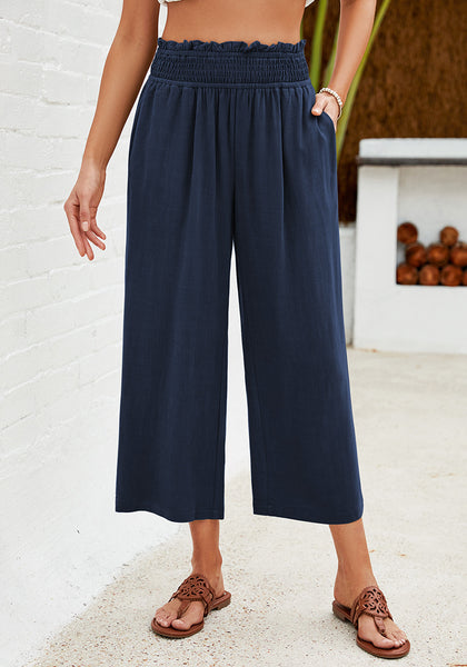 Navy Blue Women's High Waisted Wide Leg Elastic Waist Linen Palazzo Pants Pull On Smock Waist Baggy Fit Trousers