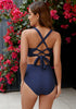 Navy Blue Women's High Waist 2 Piece Bikini Set with Ruched Twist Front and V-Neck Detail