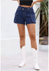 Nightfall Blue Women's High Waisted Denim Shorts Straight Leg Stretch Crossover Waist