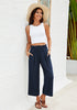 Navy Blue Women's High Waisted Wide Leg Elastic Waist Linen Palazzo Pants Pull On Smock Waist Baggy Fit Trousers