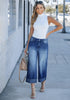Dark Blue Women's High Waisted Wide Leg Denim Jeans Cuffed Hem Baggy Pockets Capri Pants