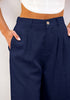 2024 Women's Dark Blue High Waist Linen Bermuda Shorts Regular Fit Elastic Waist Pockets Shorts