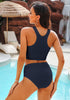 Navy Blue Women's High Waisted Two Piece Bikini Sets Textured High Neck Racer Back Swimsuits