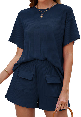 Navy Blue Women's Casual Pantsuit Set Top and Short Pajamas
