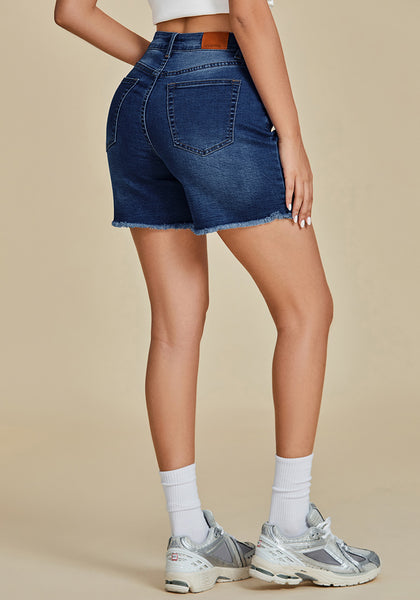 Nightfall Blue for Women's High Waist Denim Pull On Shorts Relaxed Fit Straight Mega Stretch