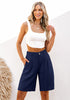 2024 Women's Dark Blue High Waist Linen Bermuda Shorts Regular Fit Elastic Waist Pockets Shorts