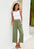 Olive Green Women's High Waisted Wide Leg Elastic Waist Linen Palazzo Pants Pull On Smock Waist Baggy Fit Trousers