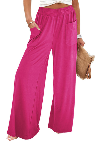 Hot Pink Women's High Waisted Wide Leg Elastic Waist Bell Bottom Baggy Palazzo Pants