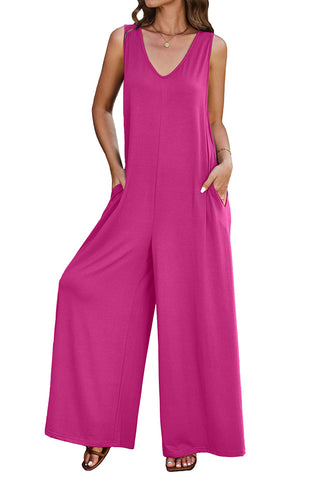 Hot Pink Women's Casual Wide Leg Sleeveless V Neckline Jumpsuits Baggy Overall With Pockets