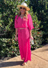 Hot Pink Women's 2 Pieces Outfits Faux Wrap Crop Top Elastic High Waisted Wide Leg Pants