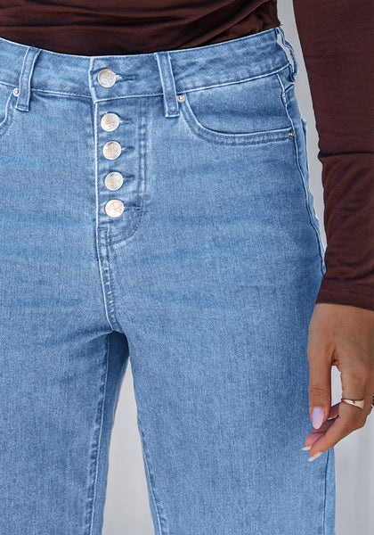 Medium Blue Trendy Wide Leg Jeans for women  Chic High Waisted Stretchy Button Front Denim Pants