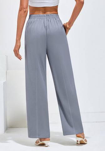 Blue Gray Women's High Waisted Wide Leg Pants Back Elastic Trouser Business Casual Pants With Pockets