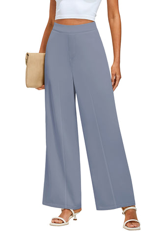 Blue Gray Women's High Waisted Wide Leg Pants Back Elastic Trouser Business Casual Pants With Pockets
