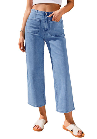 Medium Blue Women's High Waist Denim Wide Legs Jeans Pants With Front pockets
