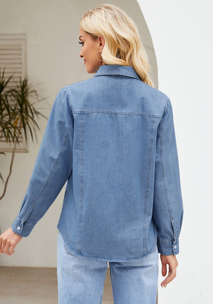 Indigo Medium Blue Women's Long Sleeve Shirt Button Front Western-inspired Urban Streetwear Denim Blouse Top