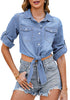 Helium Blue Women's Trendy 3/4 Sleeve Button Down Crop Top Denim Jacket Shirt Tie