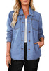 Turquoise Blue Denim Jackets for Women Trendy Long Sleeve Button Down Shirt Jacket  with Pocket