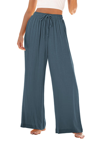 Blue Gray Relaxed Fit High Waisted Elastic Waist Wide Leg Drawstring Pocket Pant