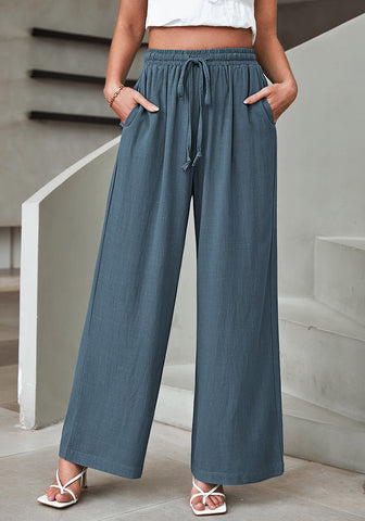 Blue Gray Relaxed Fit High Waisted Elastic Waist Wide Leg Drawstring Pocket Pant