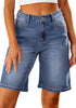 Bay Blue Relaxed Fit High Waisted Denim Bermuda Shorts Straight Leg Jeans