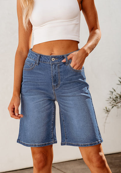 Bay Blue Relaxed Fit High Waisted Denim Bermuda Shorts Straight Leg Jeans