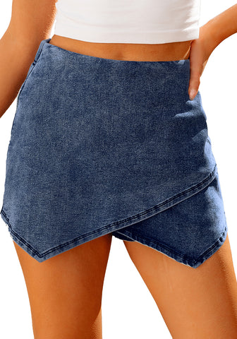 Atlantic Blue Women's Denim High Waisted Shorts Skort Stretch Asymmetrical Wrap Skirt