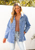 Medium Blue Women's Denim Button Down Shacket Long Sleeve Trendy Slit Hem  Jean Coat with Pocket
