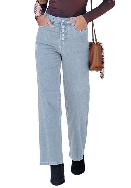 Lennox Blue Trendy Wide Leg Jeans for women  Chic High Waisted Stretchy Button Front Denim Pants