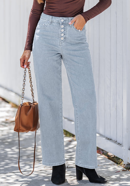 Lennox Blue Trendy Wide Leg Jeans for women  Chic High Waisted Stretchy Button Front Denim Pants