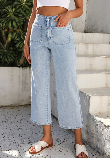 Vintage Light Wash Women's High Waist Denim Wide Legs Jeans Pants With Front pockets