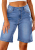 Medium Blue Relaxed Fit High Waisted Denim Bermuda Shorts Straight Leg Jeans