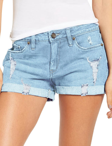 Breeze Blue Women's High Waisted Rolled Hem Distressed Jeans Ripped Denim Shorts