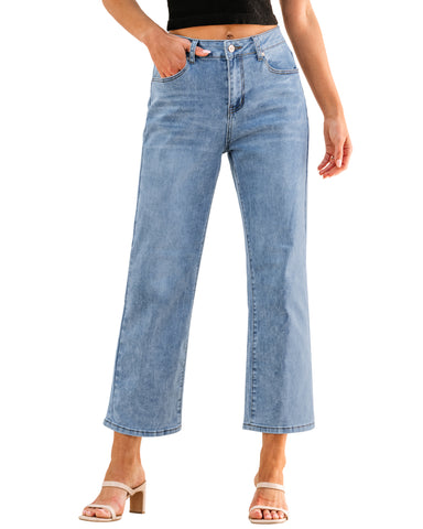 Lakeside Blue Women's High Waisted Straight Leg Jeans Kick Flare Denim Long Pants
