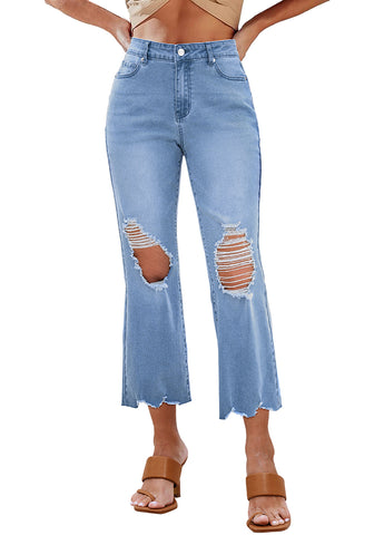 Roadnight Blue Women's Crop Destroyed Flare High Waisted Denim Jeans Stretch Regular Fit