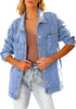 Medium Blue Women's Denim Button Down Shacket Long Sleeve Trendy Slit Hem  Jean Coat with Pocket