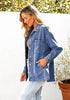 Classic Blue Women's Denim Button Down Shacket Long Sleeve Trendy Slit Hem  Jean Coat with Pocket