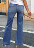 Dark Blue Women's Crop Destroyed Flare High Waisted Denim Jeans Stretch Regular Fit