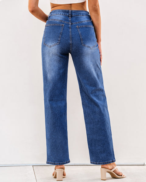 Classic Blue Women's High Waisted Denim Crossover Baggy Staright Leg Jeans Pants