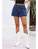 Classic Blue Women's High Waisted Denim Shorts Straight Leg Stretch Cross over Waist