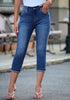 Classic Blue Women's High Waisted Straight Leg Denim Jeans Pockets Casual Capri Pants