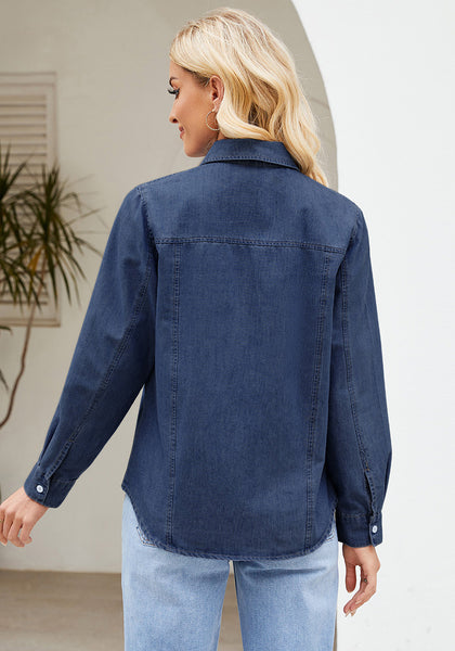 Indigo Dark Blue Women's Long Sleeve Shirt Button Front Western-inspired Urban Streetwear Denim Blouse Top