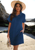 Navy Blue Women's Beach Cover Up Dress Button Down Shirt Ruffle Sleeves Dresses Casual Summer With Pockets