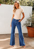 Classic Blue Women's Full Length High Waist Regular Fit Flare Jeans Slight Stretch